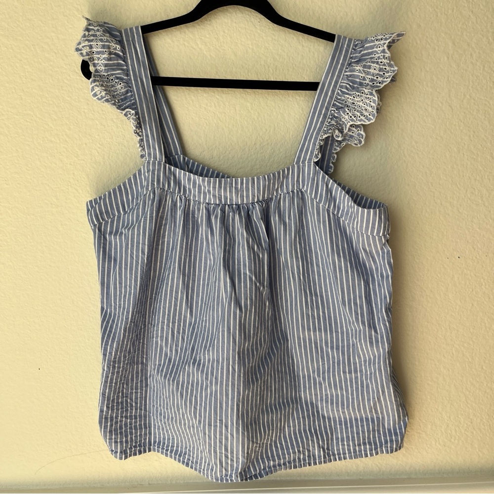 Kiabi Blue Stripe Ruffle Strap Top XL Cottagecore‎ Coastal Cotton Blend